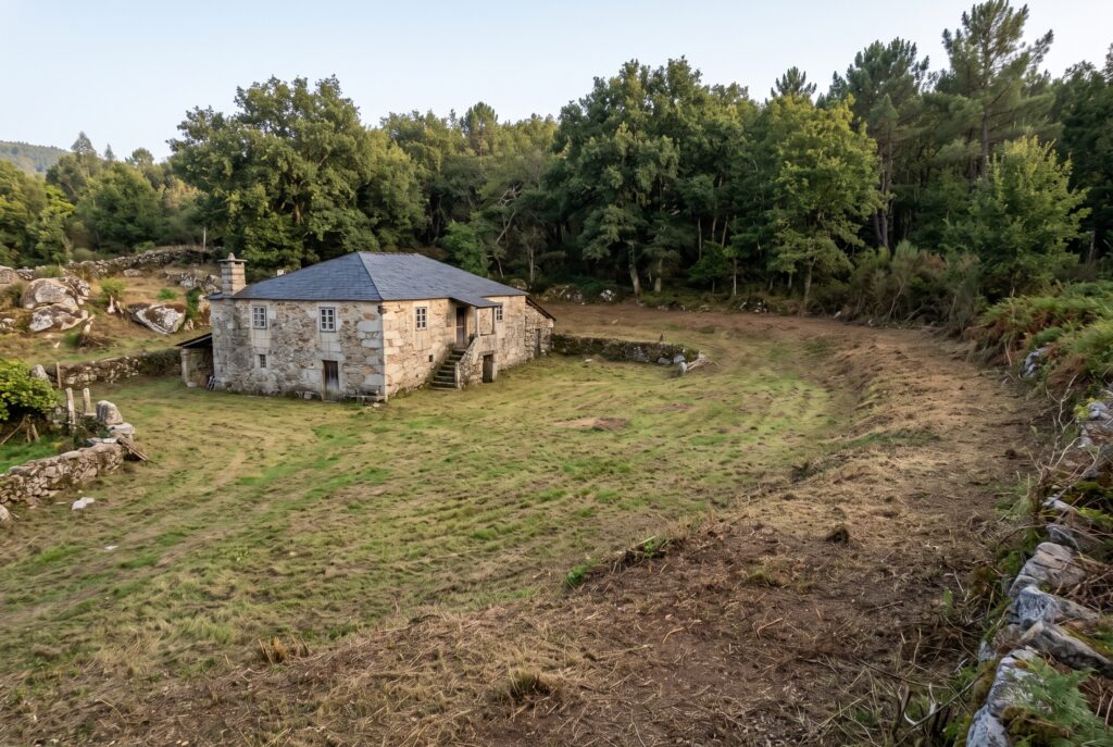 Finca limpia alrededor de una casa de piedra